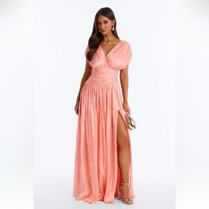 Elegant V-Neck Coral Pink Maxi Dress with Side Slit